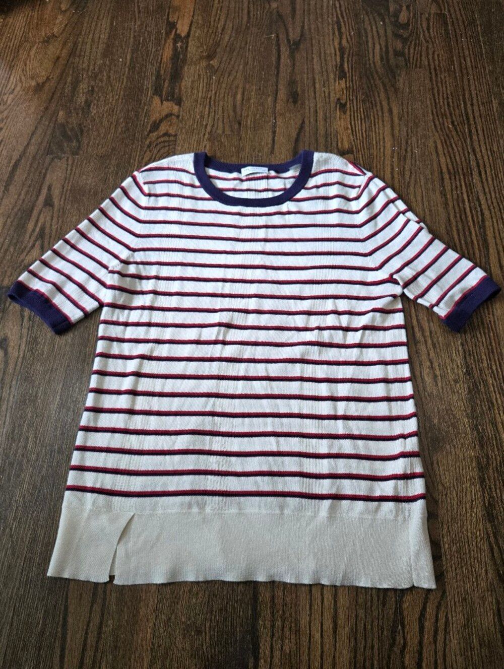 Equipment Femme Brienne Short Sleeve Cashmere Stripe Sweater Split Hem Sz L